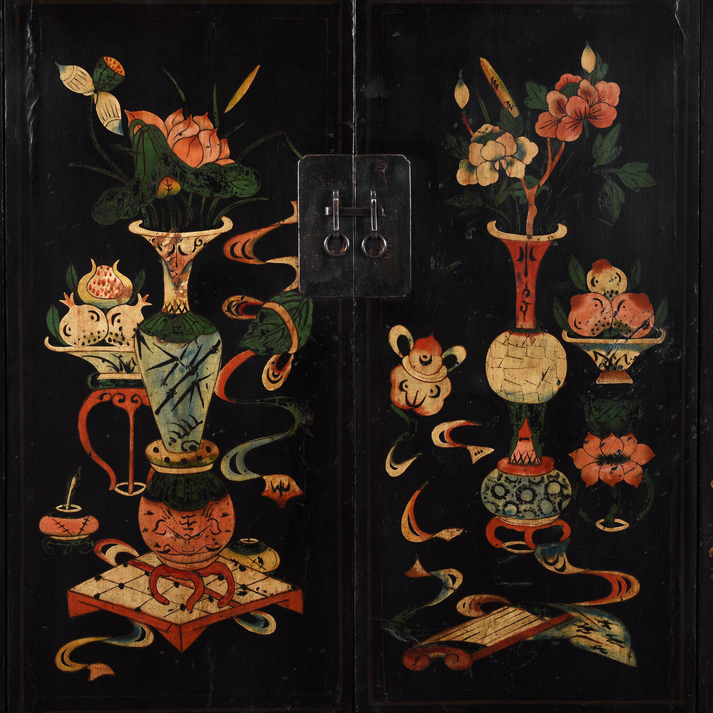 Doors Detail From Black Lacquer Chinese Wedding Cabinet From Shanxi With Painted Floral Panels | Indigo Antiques