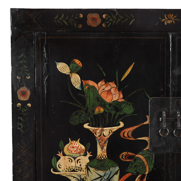 Corner Detail Showing Artowrk From Black Lacquer Chinese Wedding Cabinet From Shanxi With Painted Floral Panels | Indigo Antiques