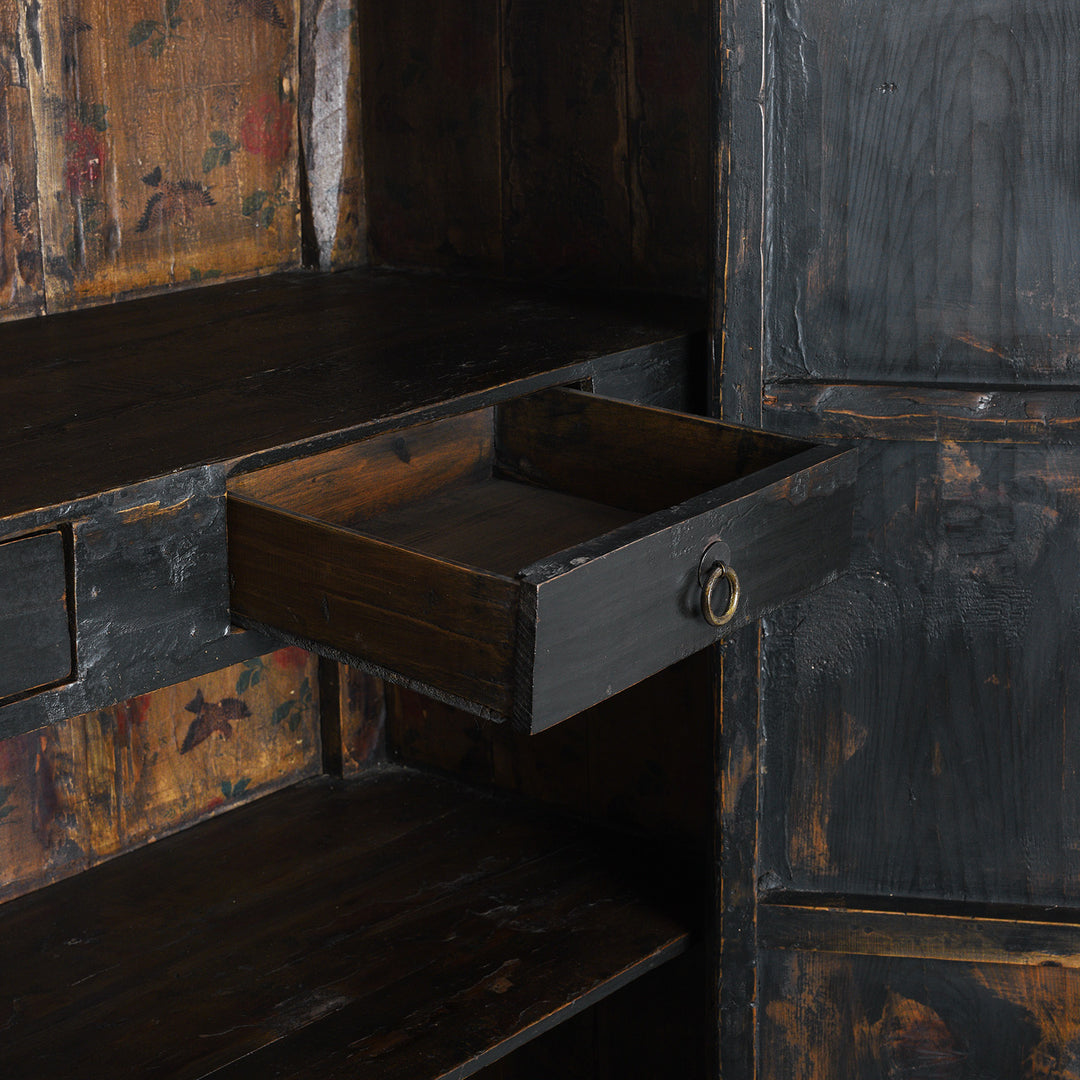 Drawer Detail From Black Lacquer Chinese Wedding Cabinet From Shanxi With Painted Floral Panels | Indigo Antiques