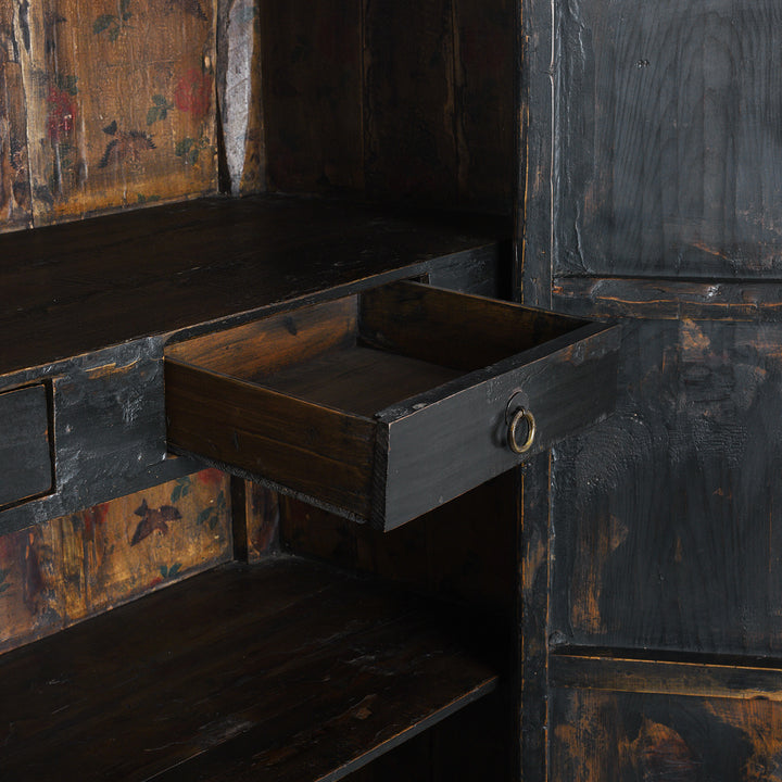 Drawer Detail From Black Lacquer Chinese Wedding Cabinet From Shanxi With Painted Floral Panels | Indigo Antiques