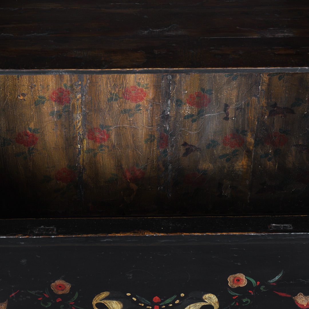 Interior Detail From Black Lacquer Chinese Wedding Cabinet From Shanxi With Painted Floral Panels | Indigo Antiques
