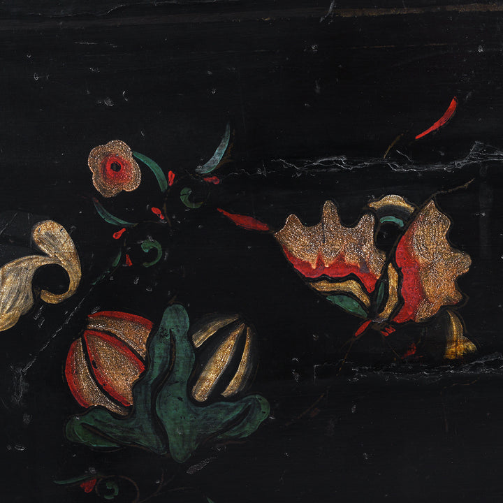 Artwork Detail From Black Lacquer Chinese Wedding Cabinet From Shanxi With Painted Floral Panels | Indigo Antiques