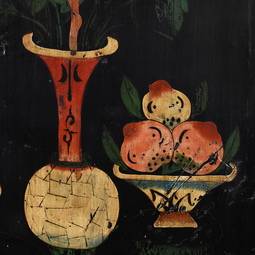 Artwork Detail From Black Lacquer Chinese Wedding Cabinet From Shanxi With Painted Floral Panels | Indigo Antiques