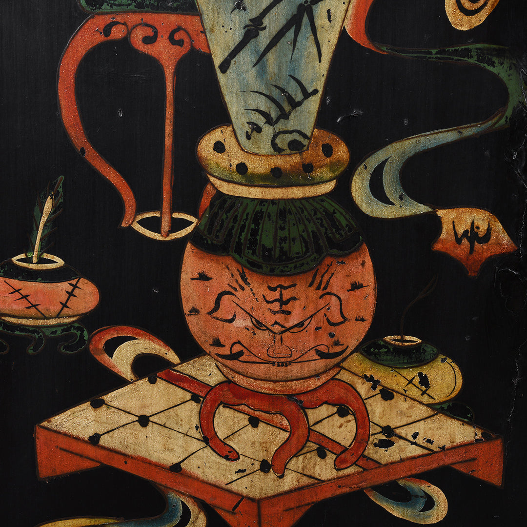 Artwork Detail From Black Lacquer Chinese Wedding Cabinet From Shanxi With Painted Floral Panels | Indigo Antiques