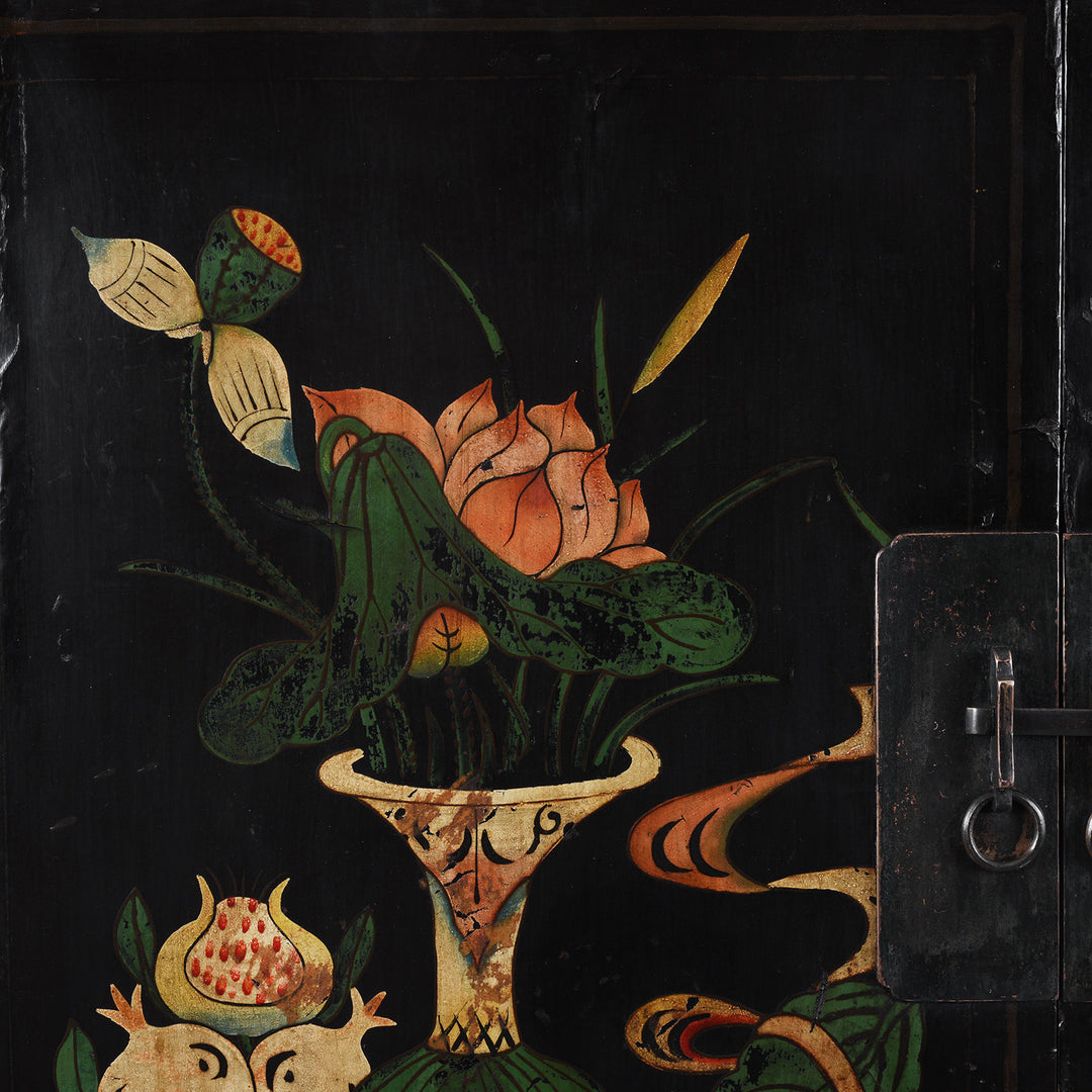 Artwork Detail From Black Lacquer Chinese Wedding Cabinet From Shanxi With Painted Floral Panels | Indigo Antiques