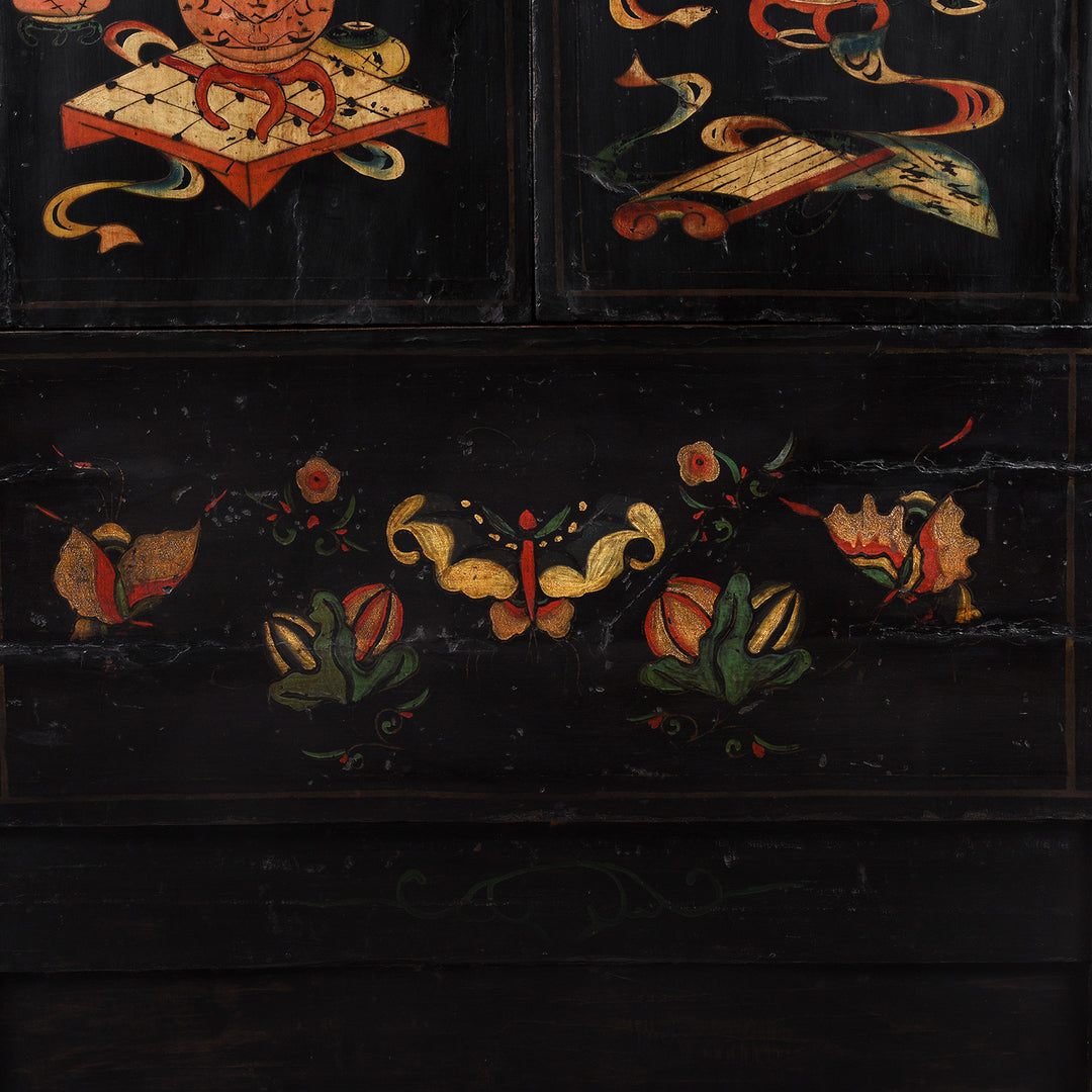 Artowrk Detail From Black Lacquer Chinese Wedding Cabinet From Shanxi With Painted Floral Panels | Indigo Antiques