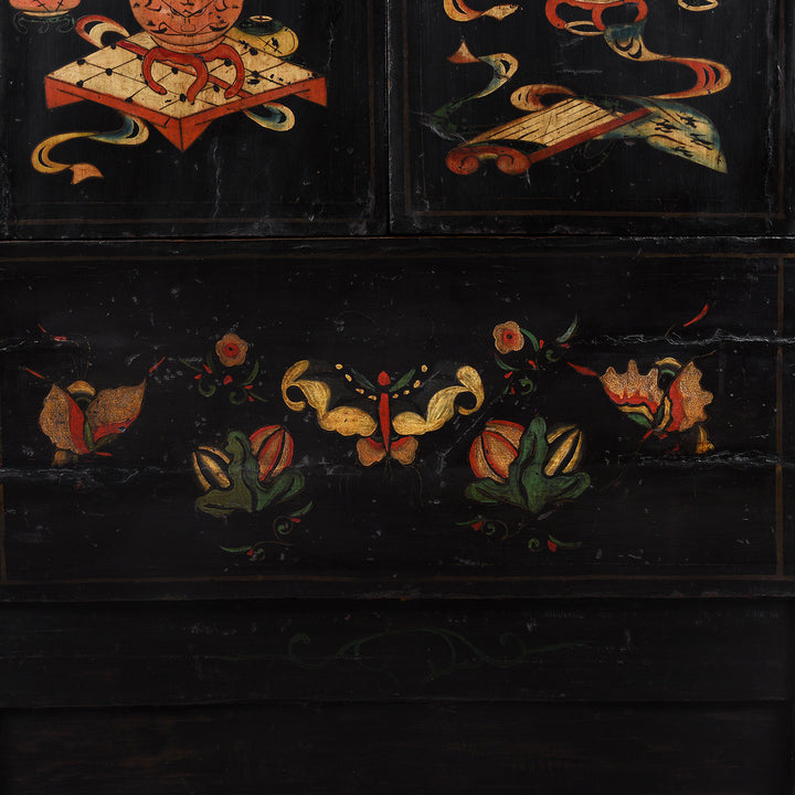 Artowrk Detail From Black Lacquer Chinese Wedding Cabinet From Shanxi With Painted Floral Panels | Indigo Antiques