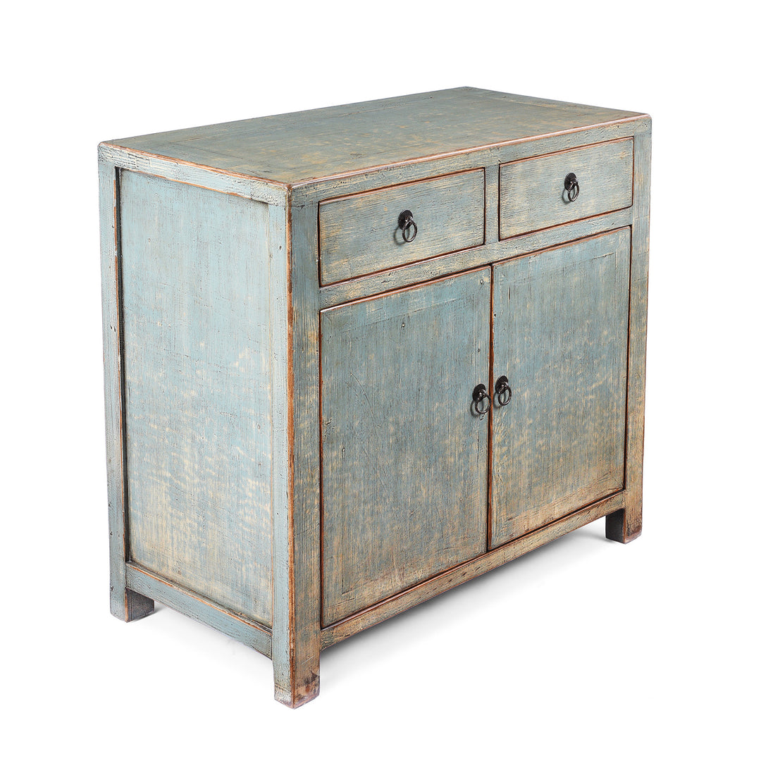 Angled View Of Chinese Blue Lacquer Sideboard Made From Reclaimed Wood | Indigo Antiques