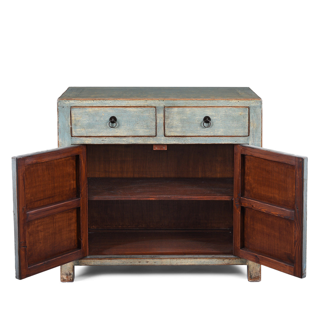 Open Doors View Of Chinese Blue Lacquer Sideboard Made From Reclaimed Wood | Indigo Antiques