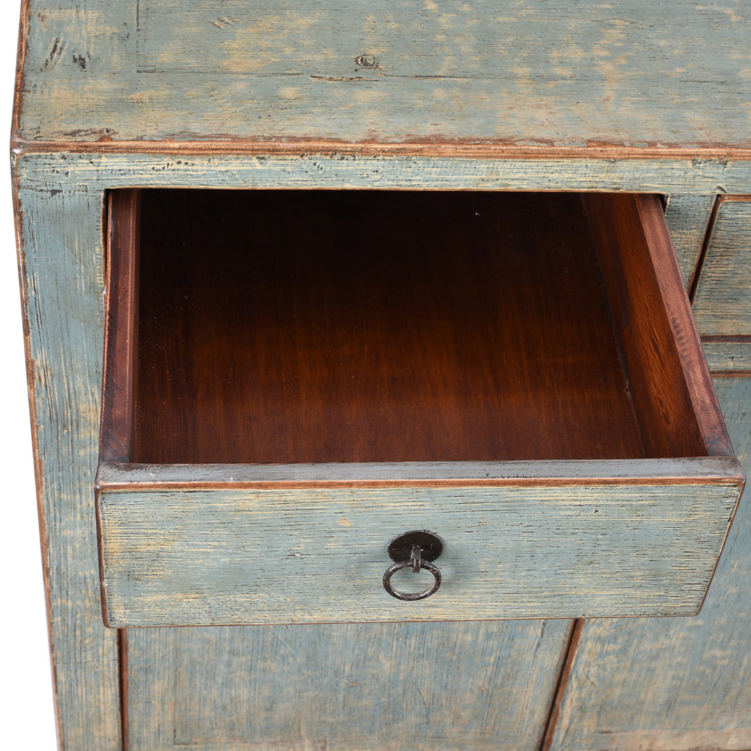 Drawer Detail From Chinese Blue Lacquer Sideboard Made From Reclaimed Wood | Indigo Antiques