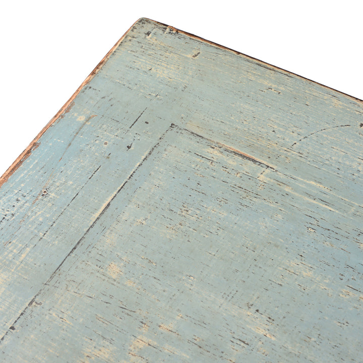 Top Corner Detail From Chinese Blue Lacquer Sideboard Made From Reclaimed Wood | Indigo Antiques