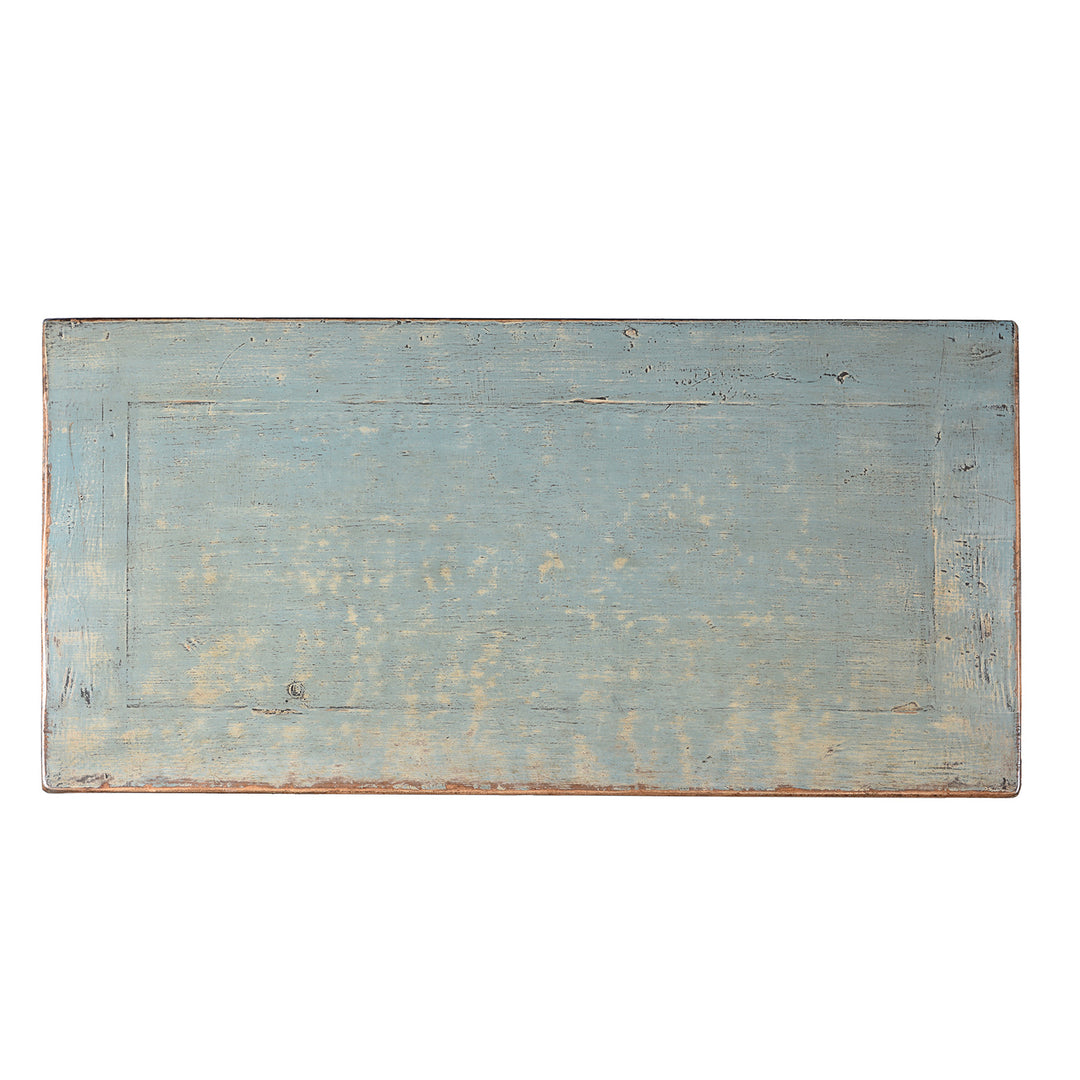Top Down View Of Chinese Blue Lacquer Sideboard Made From Reclaimed Wood | Indigo Antiques
