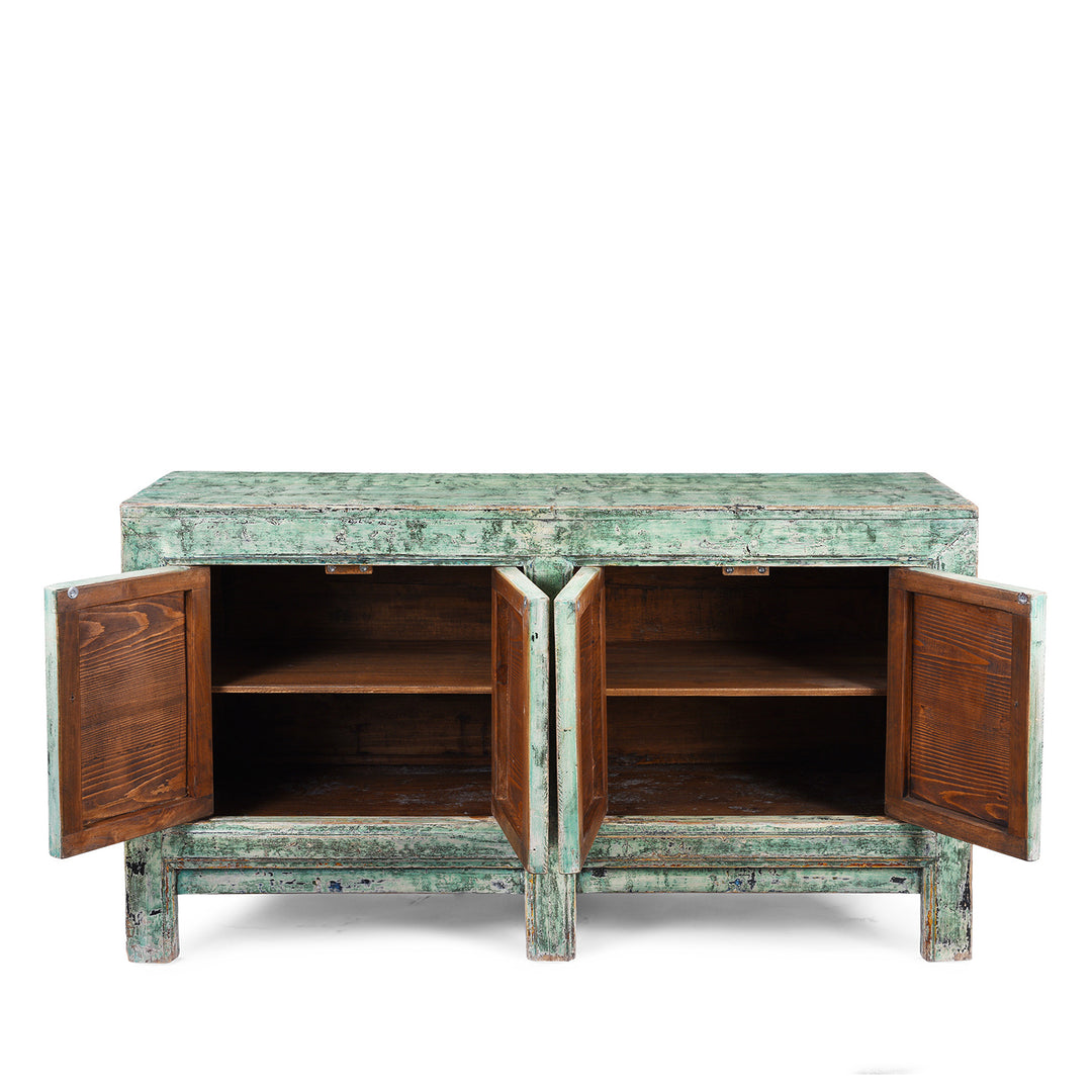 Open Doors View Of Vintage Mint Painted Sideboard From Shanxi | Indigo Antiques