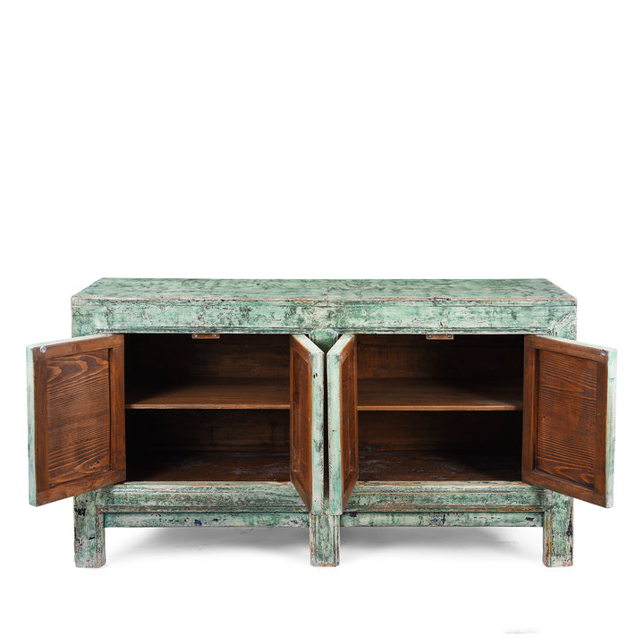 Open Doors View Of Vintage Mint Painted Sideboard From Shanxi | Indigo Antiques
