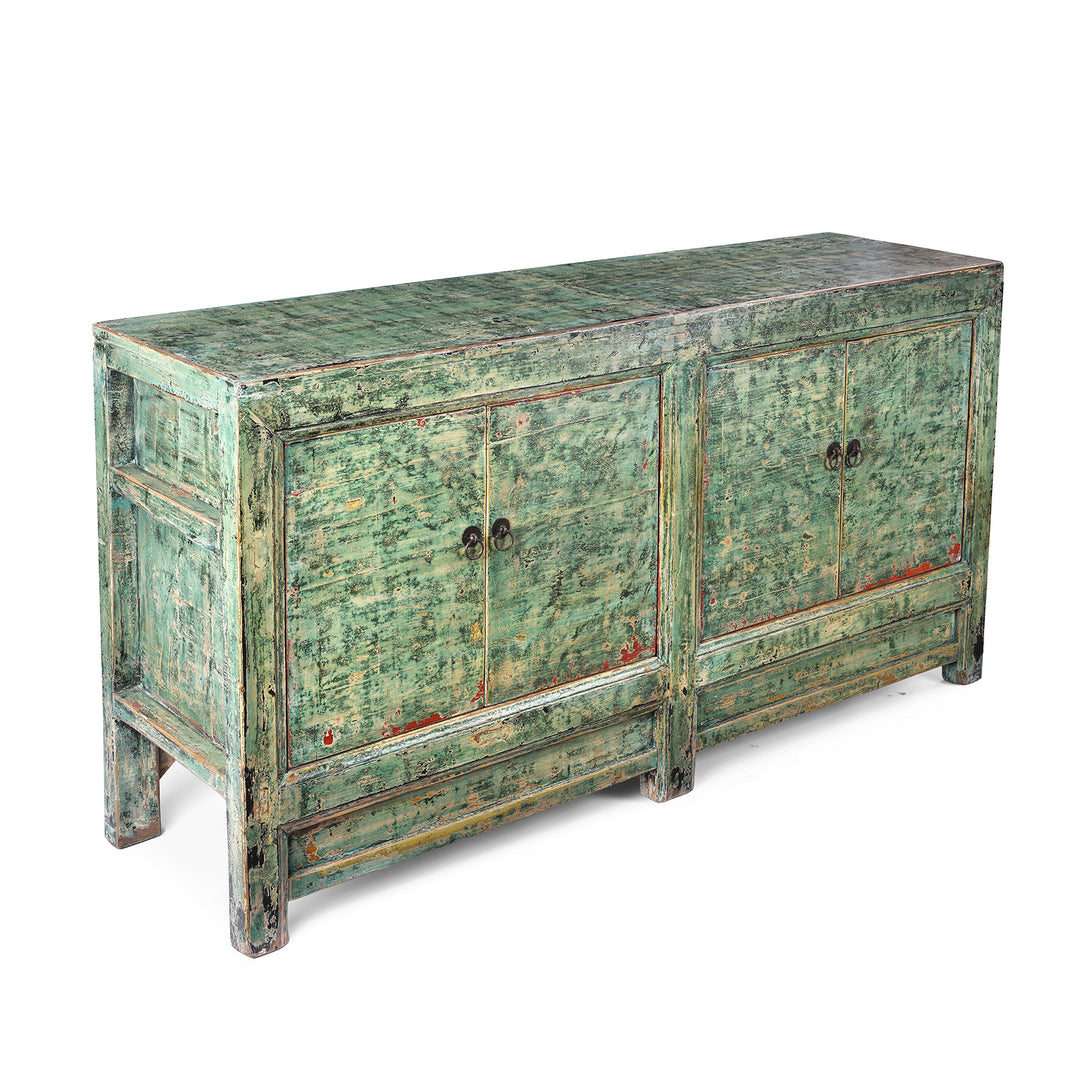 Angled View Of Vintage Green Lacquer Chinese Sideboard | Indigo Antiques