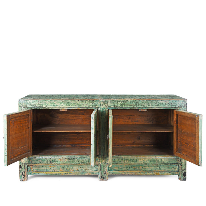 Open Doors View Of Vintage Green Lacquer Chinese Sideboard | Indigo Antiques