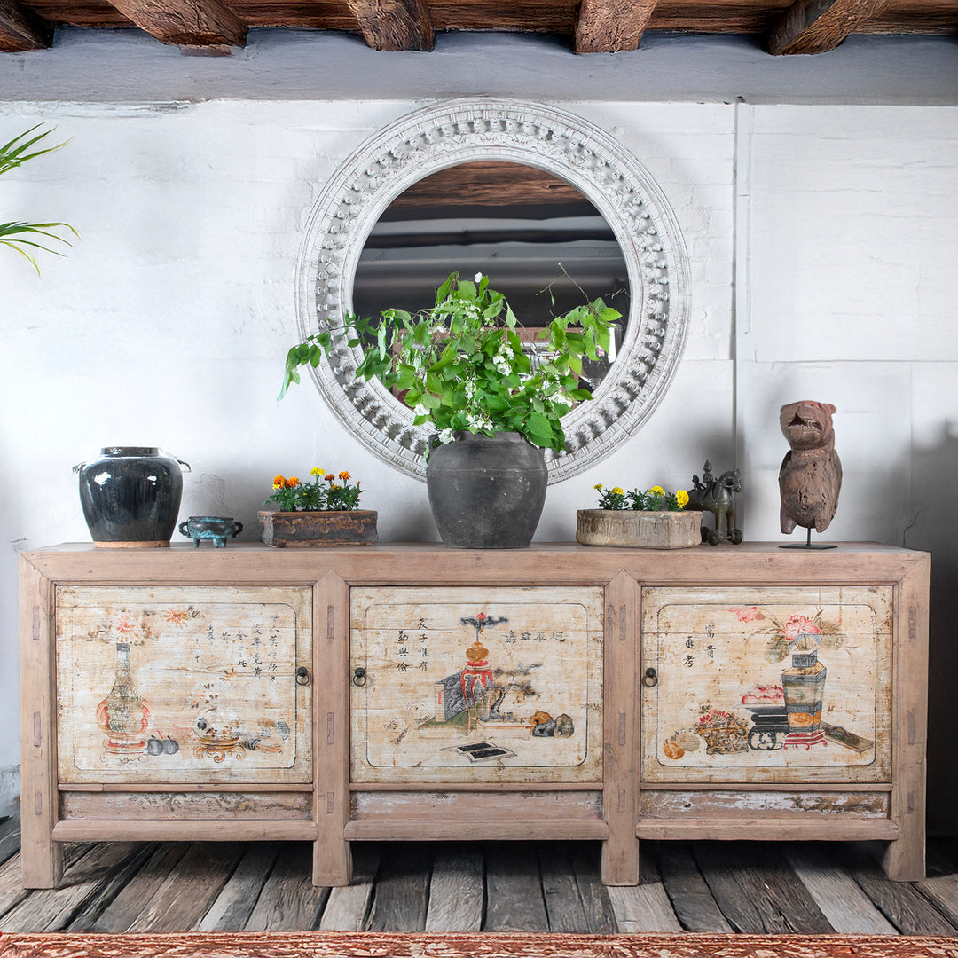 Rustic wabi sabi interior with a pale oriental sideboard