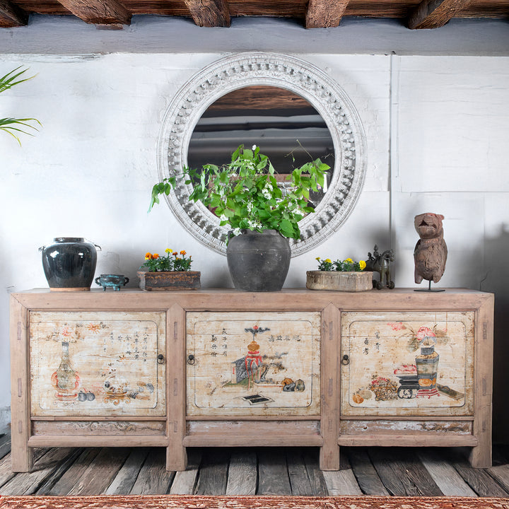 Rustic wabi sabi interior with a pale oriental sideboard