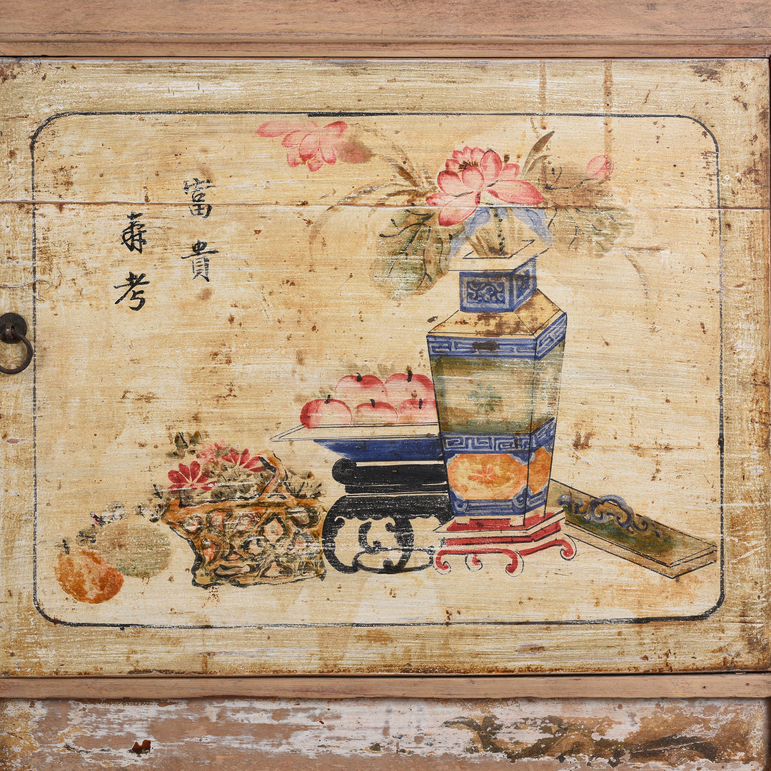 Door Paintowork Detail from Antique Pale Painted Sideboard From Shanxi | Indigo Antiques