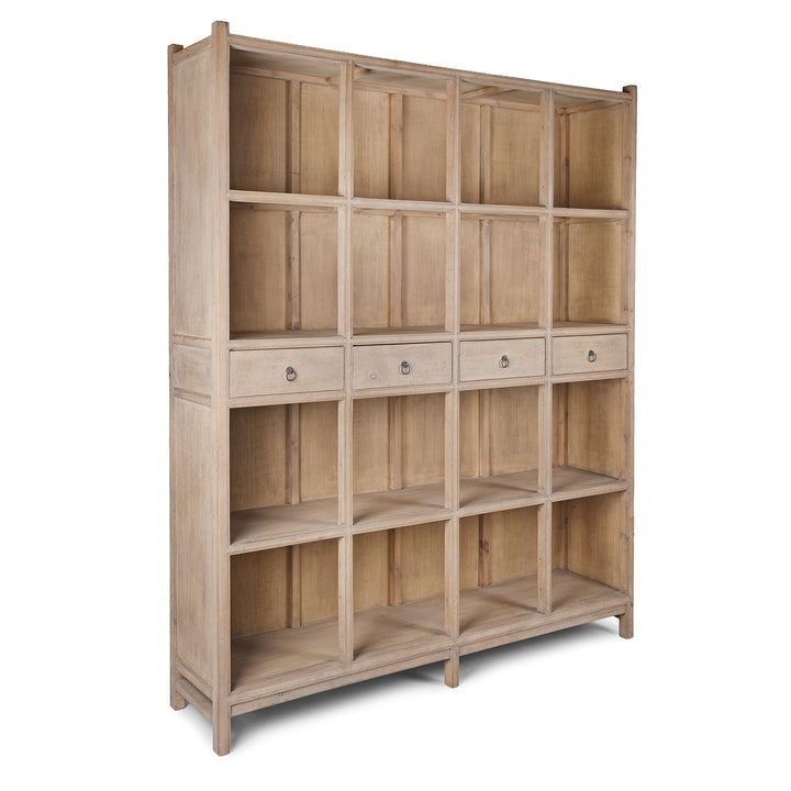 Angled View Of Bleached Shelving Unit Made From Old Pine | Indigo Antiques
