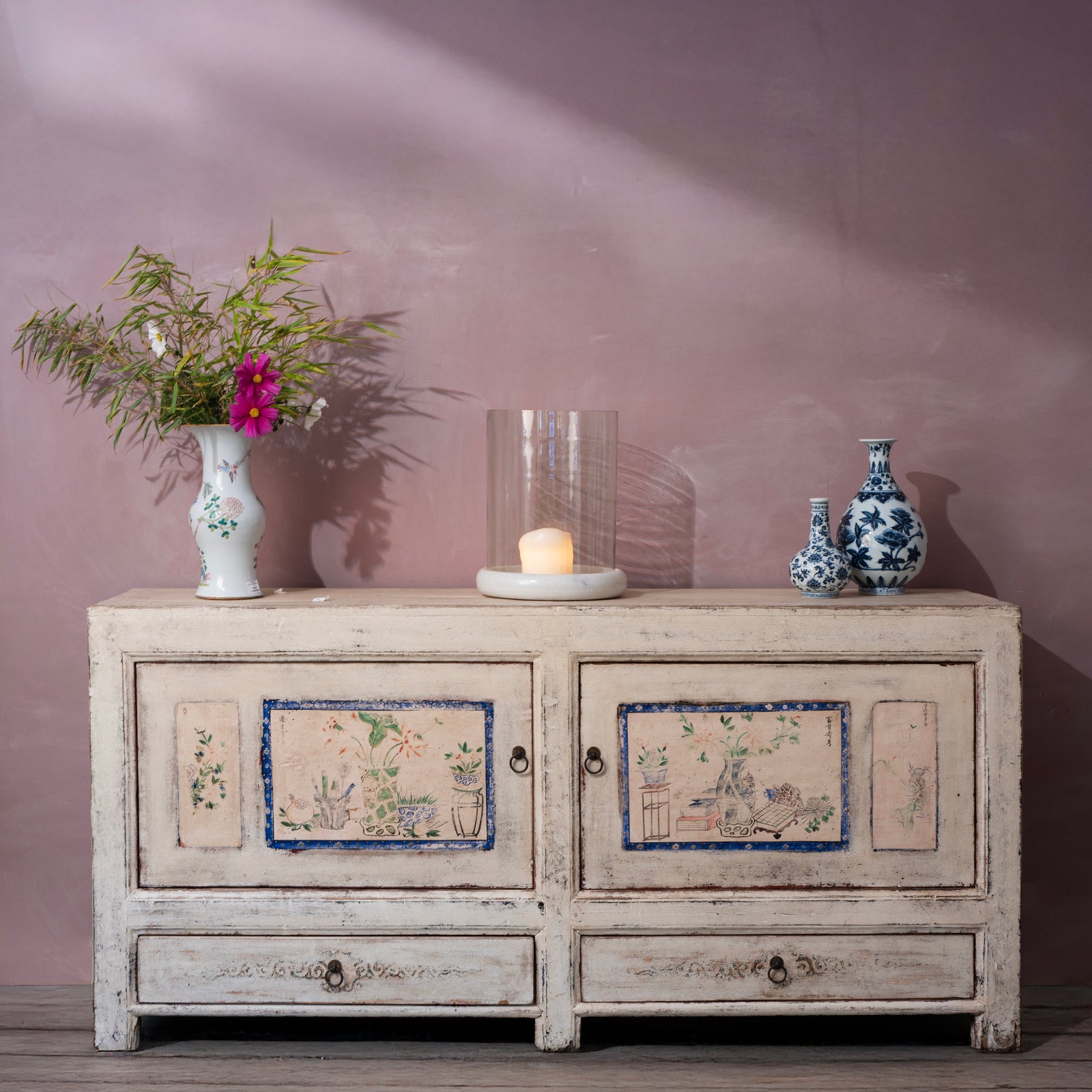 Painted Pine Mongolian Sideboard With Handpainted Floral Panels Traces Of Original Paint And Two Lower Drawers Early 20Th Century