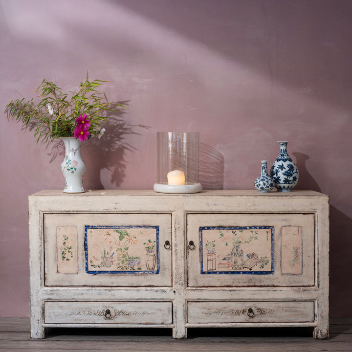 Painted Pine Mongolian Sideboard With Handpainted Floral Panels Traces Of Original Paint And Two Lower Drawers Early 20Th Century