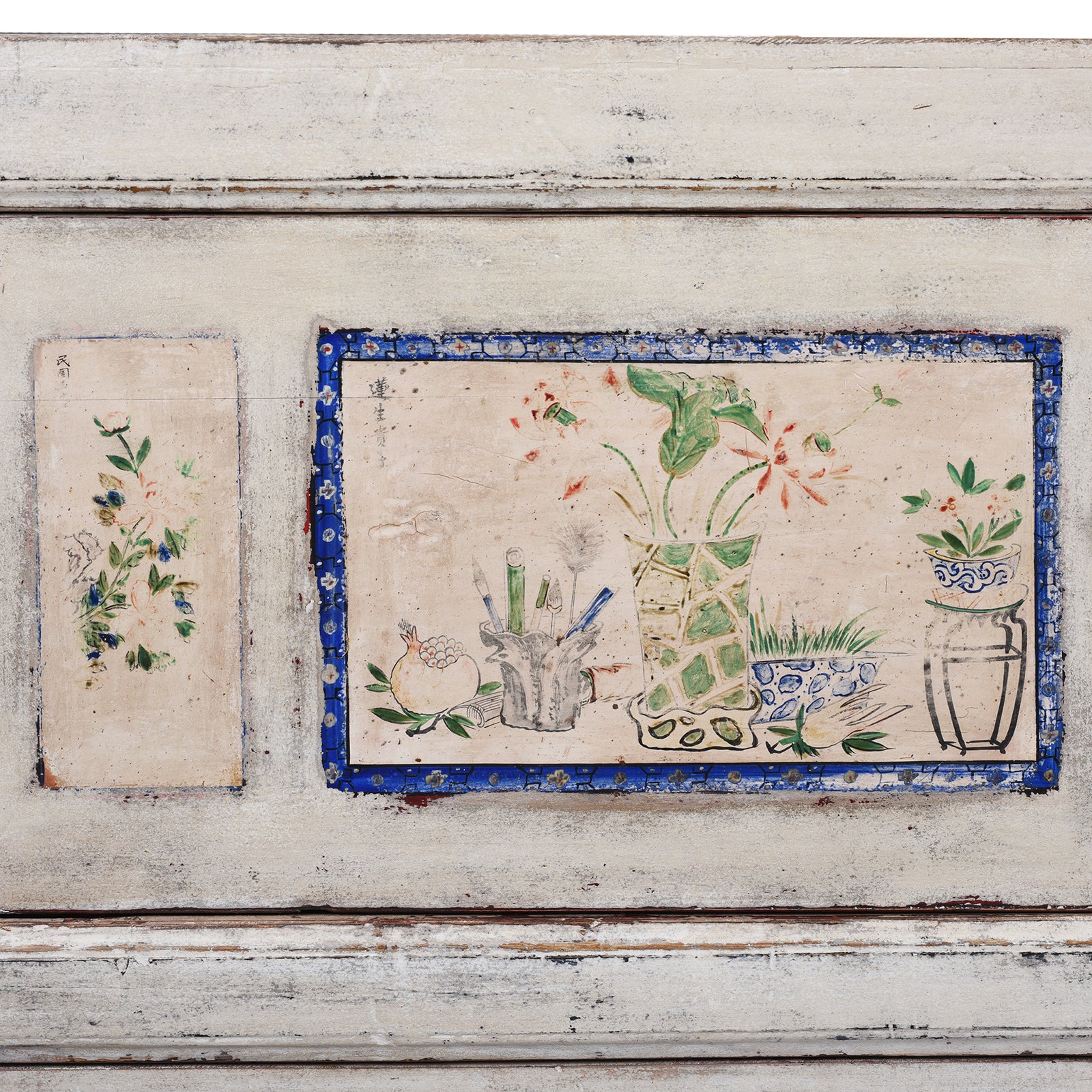 Door Panel Paintwork Detail From Painted Pine Mongolian Sideboard With Handpainted Floral Panels Traces Of Original Paint And Two Lower Drawers Early 20Th Century
