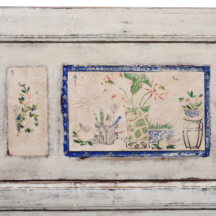 Door Panel Paintwork Detail From Painted Pine Mongolian Sideboard With Handpainted Floral Panels Traces Of Original Paint And Two Lower Drawers Early 20Th Century
