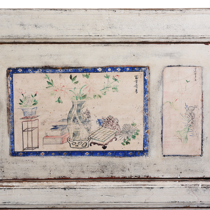 Door Panel Paintwork Detail From Painted Pine Mongolian Sideboard With Handpainted Floral Panels Traces Of Original Paint And Two Lower Drawers Early 20Th Century