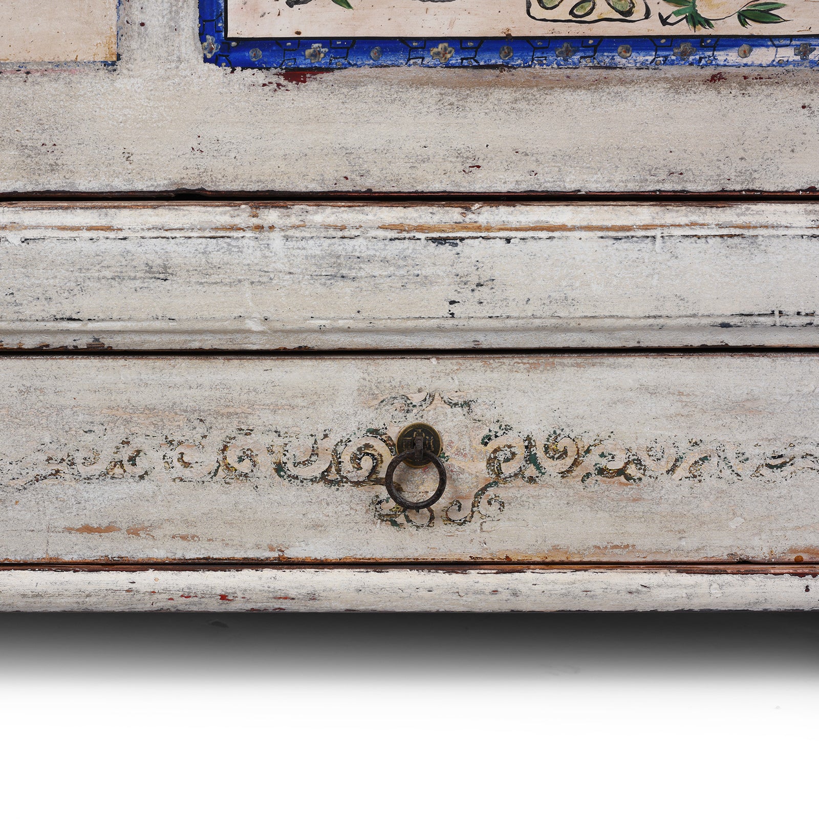 Drawer Detail From Painted Pine Mongolian Sideboard With Handpainted Floral Panels Traces Of Original Paint And Two Lower Drawers Early 20Th Century