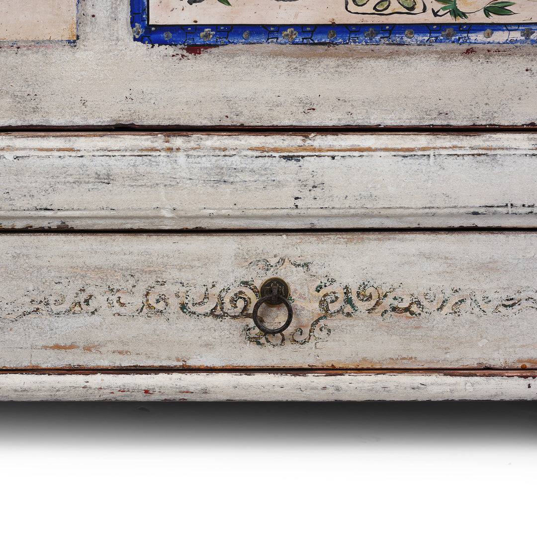 Drawer Detail From Painted Pine Mongolian Sideboard With Handpainted Floral Panels Traces Of Original Paint And Two Lower Drawers Early 20Th Century