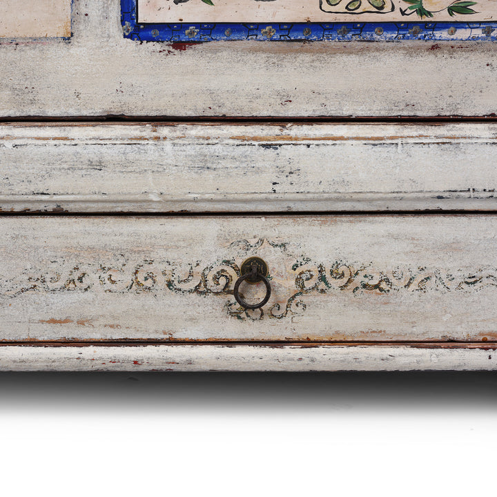 Drawer Detail From Painted Pine Mongolian Sideboard With Handpainted Floral Panels Traces Of Original Paint And Two Lower Drawers Early 20Th Century