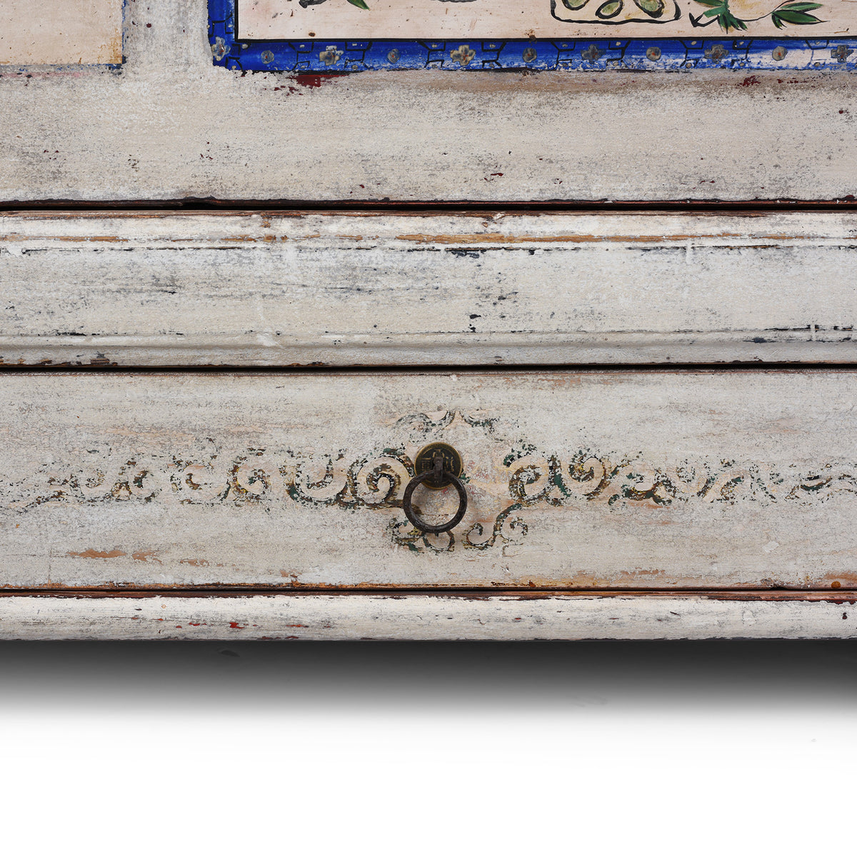 Drawer Detail From Painted Pine Mongolian Sideboard With Handpainted Floral Panels Traces Of Original Paint And Two Lower Drawers Early 20Th Century