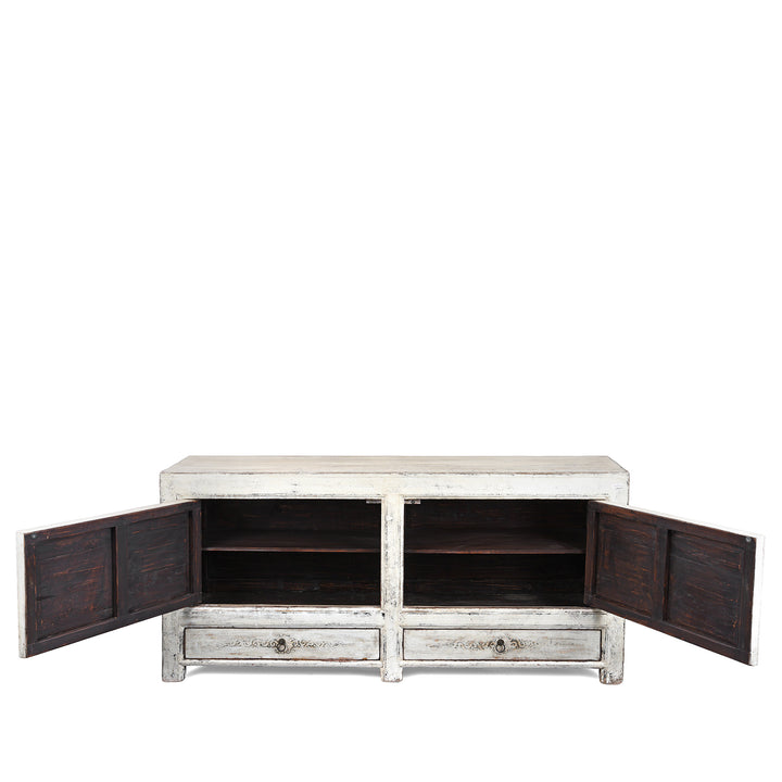 Interior View Of Painted Pine Mongolian Sideboard With Handpainted Floral Panels Traces Of Original Paint And Two Lower Drawers Early 20Th Century