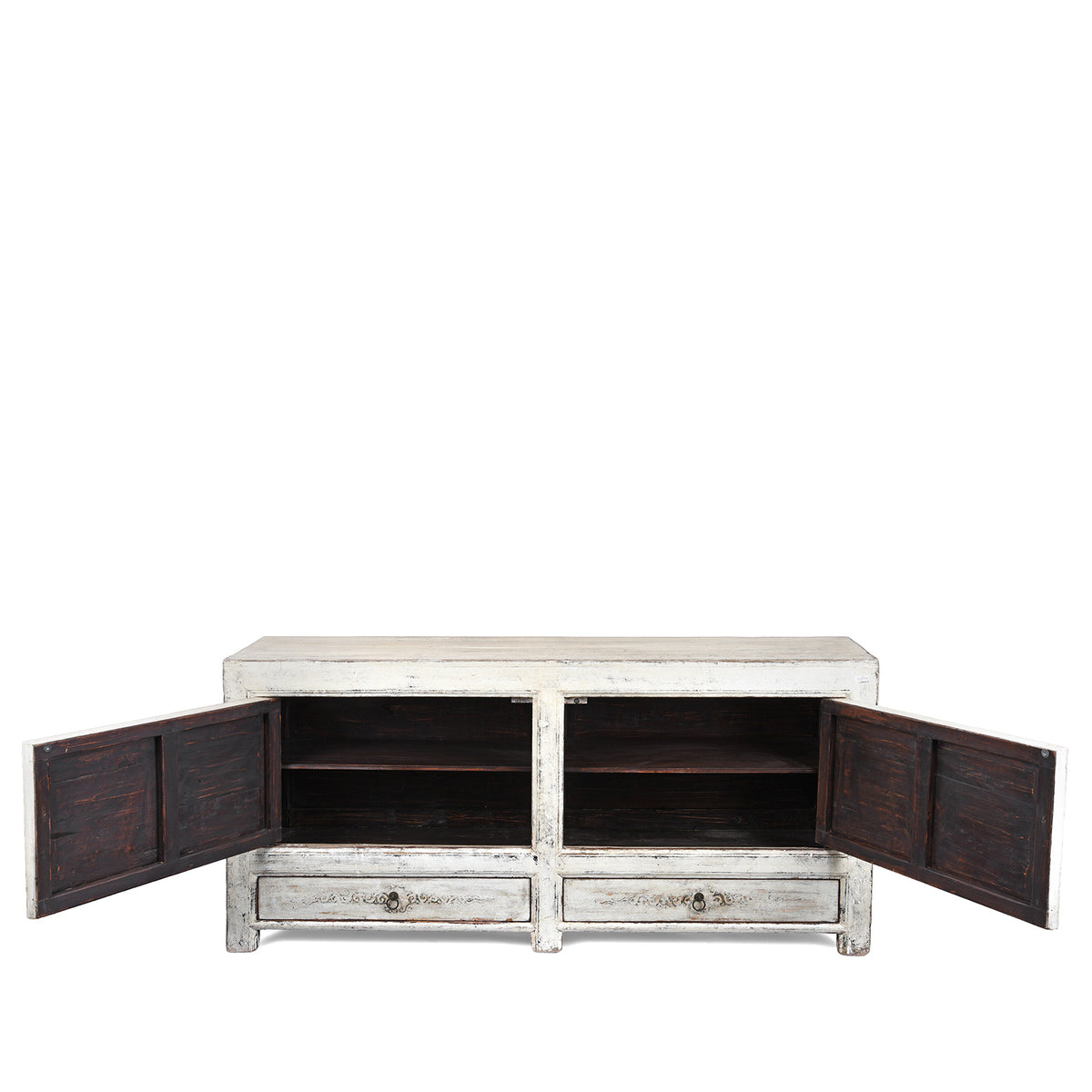 Interior View Of Painted Pine Mongolian Sideboard With Handpainted Floral Panels Traces Of Original Paint And Two Lower Drawers Early 20Th Century