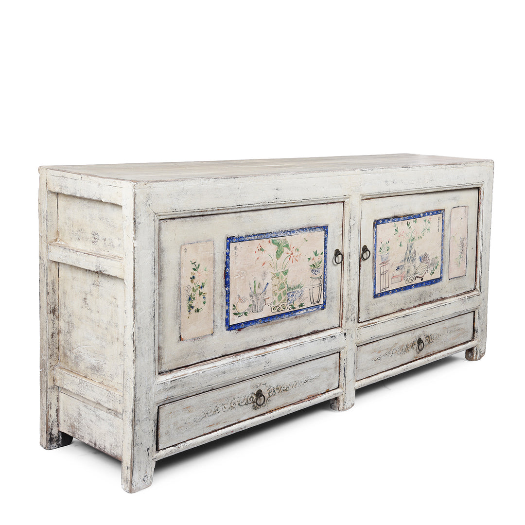 Angled View Of Painted Pine Mongolian Sideboard With Handpainted Floral Panels Traces Of Original Paint And Two Lower Drawers Early 20Th Century