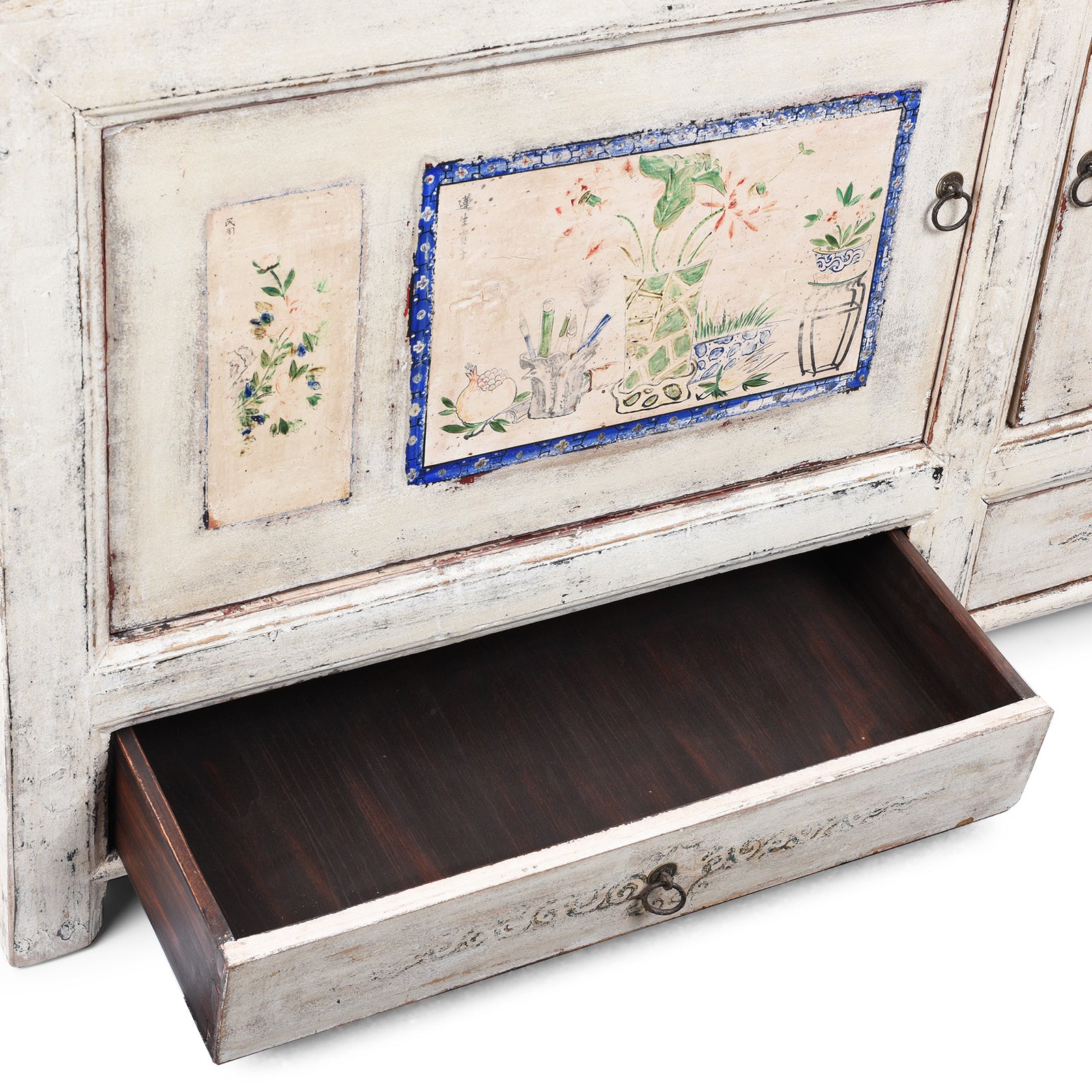 Drawer Interior Detail From Painted Pine Mongolian Sideboard With Handpainted Floral Panels Traces Of Original Paint And Two Lower Drawers Early 20Th Century