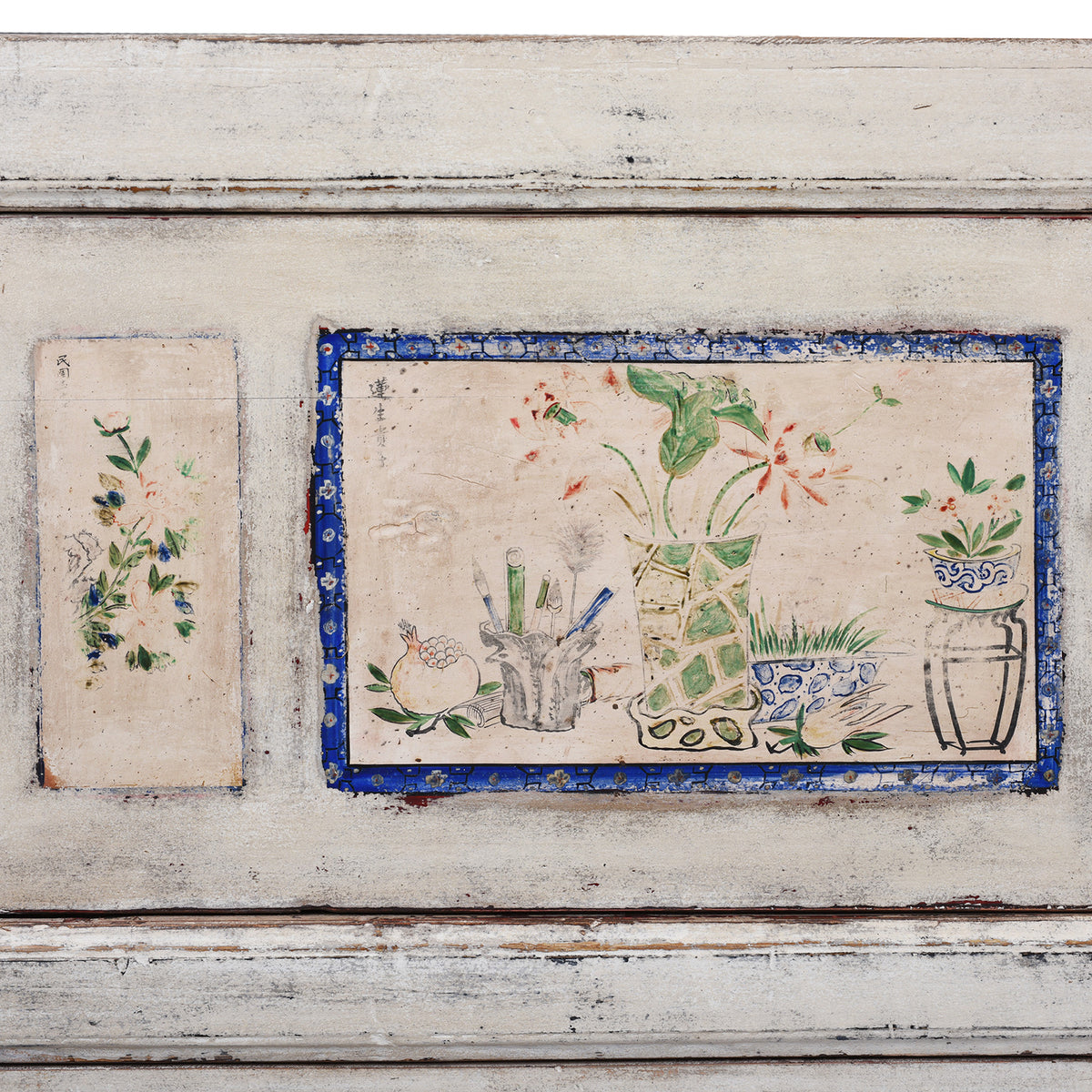 Door Panel Paintwork Detail From Painted Pine Mongolian Sideboard With Handpainted Floral Panels Traces Of Original Paint And Two Lower Drawers Early 20Th Century