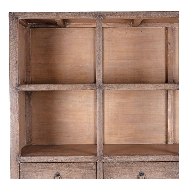 Corner And Compartment Detail From Chinese Bleached Pine Shelving Unit With Four Shelves And Three Drawers