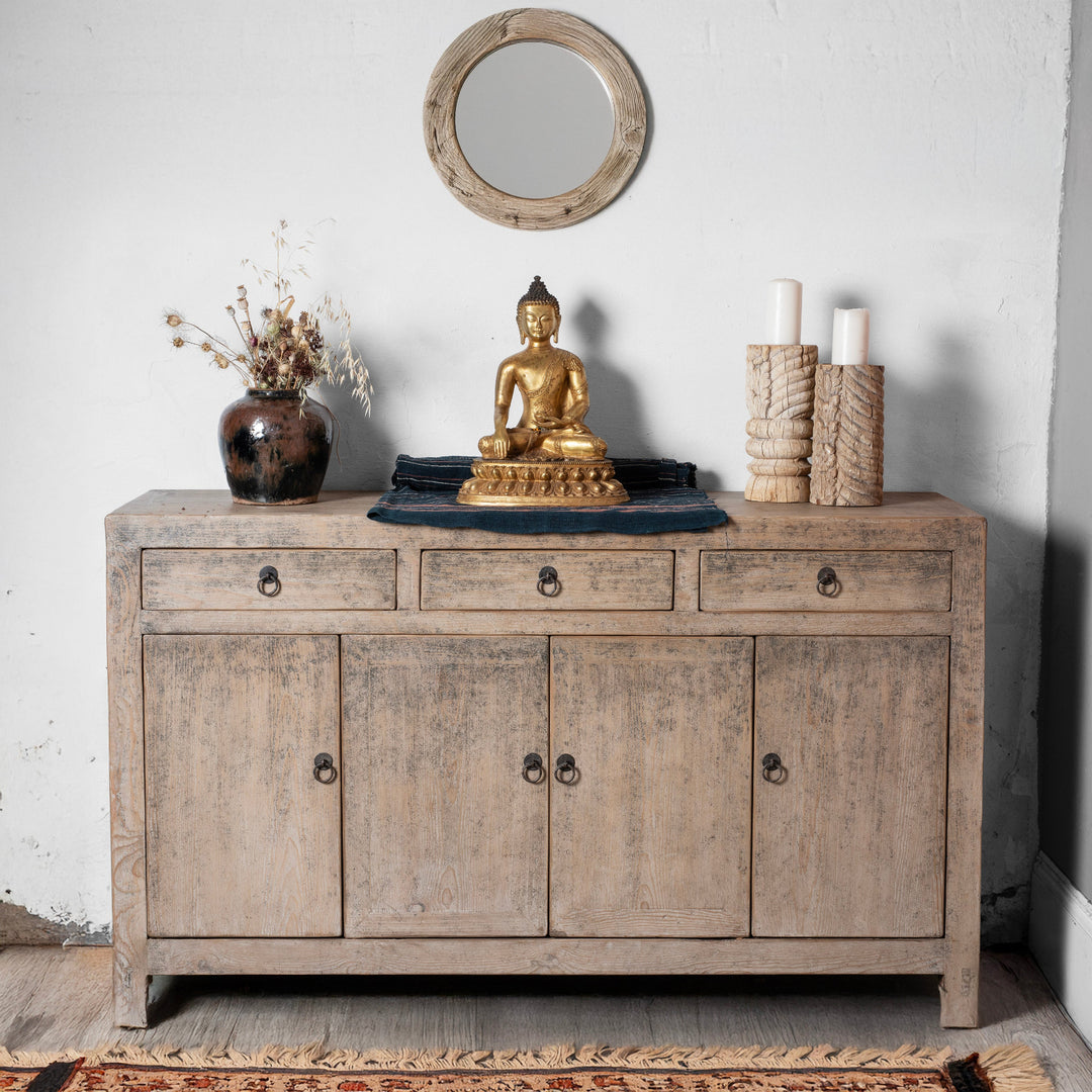 Bleached Pine Dongbei Sideboard With Four Drawers And Four Panelled Cupboard Doors Circa 1940