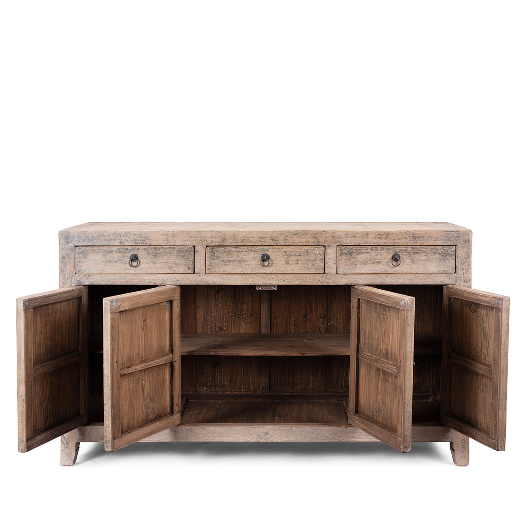 Bleached Pine Dongbei Sideboard With Four Drawers And Four Panelled Cupboard Doors Circa 1940