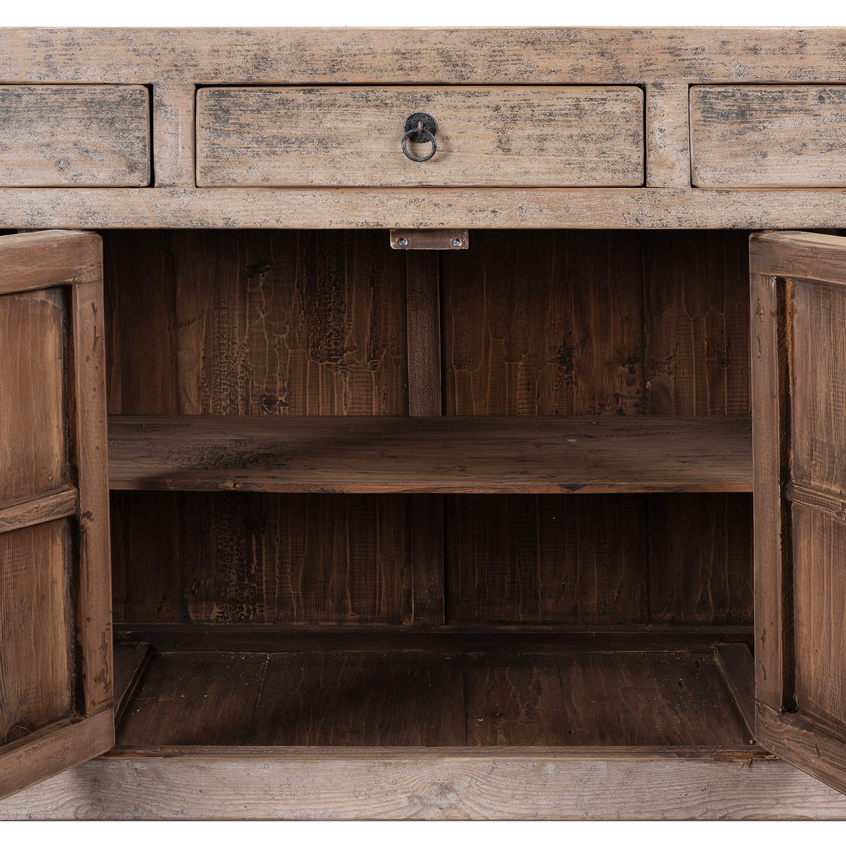 Wooden cabinet with open doors and a drawer, showing a rustic interior.
