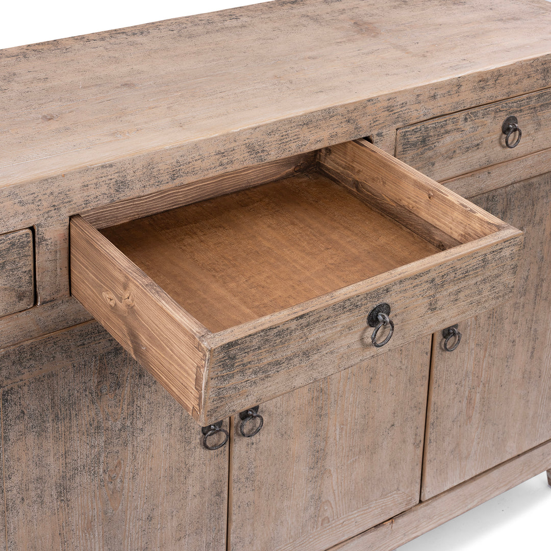Drawer detail from a Bleached Pine Dongbei Sideboard With Four Drawers And Four Panelled Cupboard Doors Circa 1940