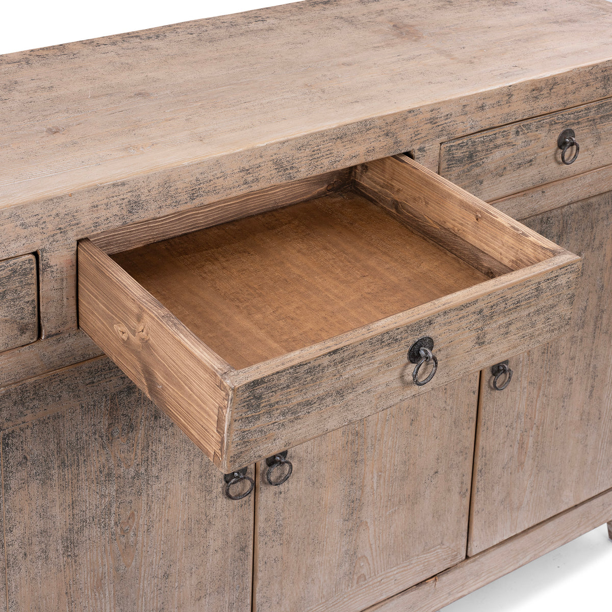 Drawer detail from a Bleached Pine Dongbei Sideboard With Four Drawers And Four Panelled Cupboard Doors Circa 1940