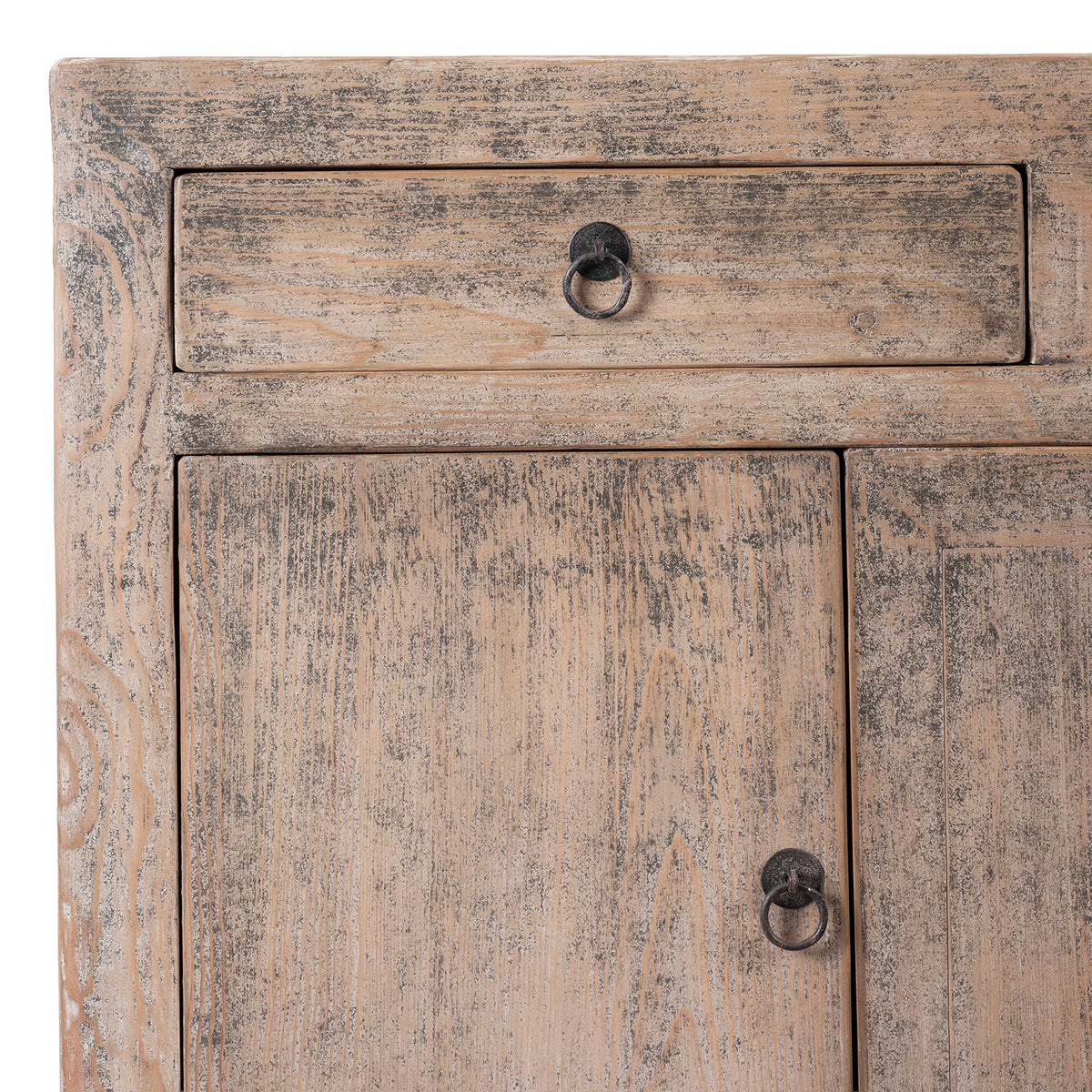 Wooden cabinet with a single drawer and two doors, featuring rustic design and metal handles.