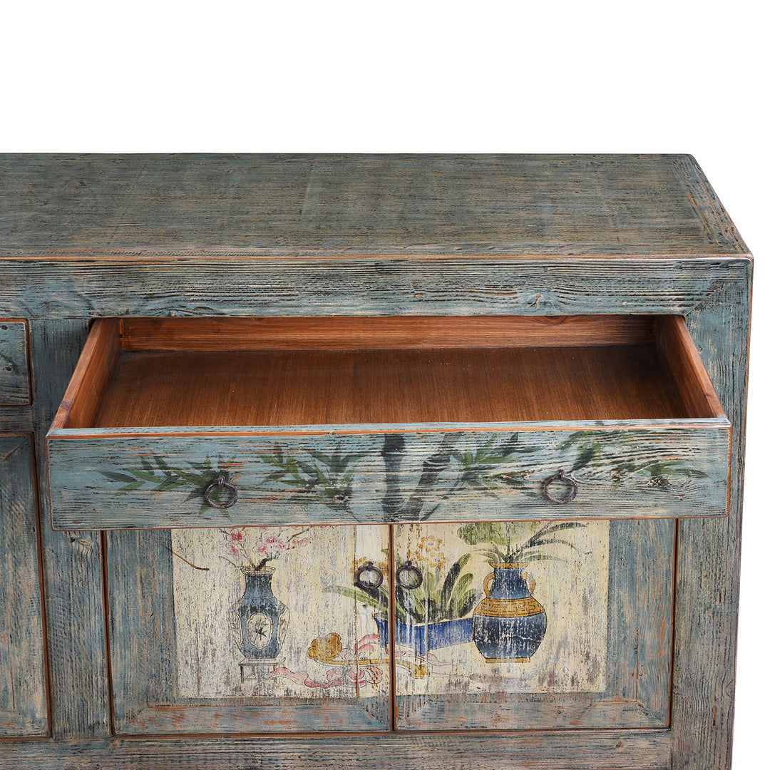 Drawer Detail From Blue Painted Vintage Shanxi Sideboard With Hand Painted Floral Vase Panels