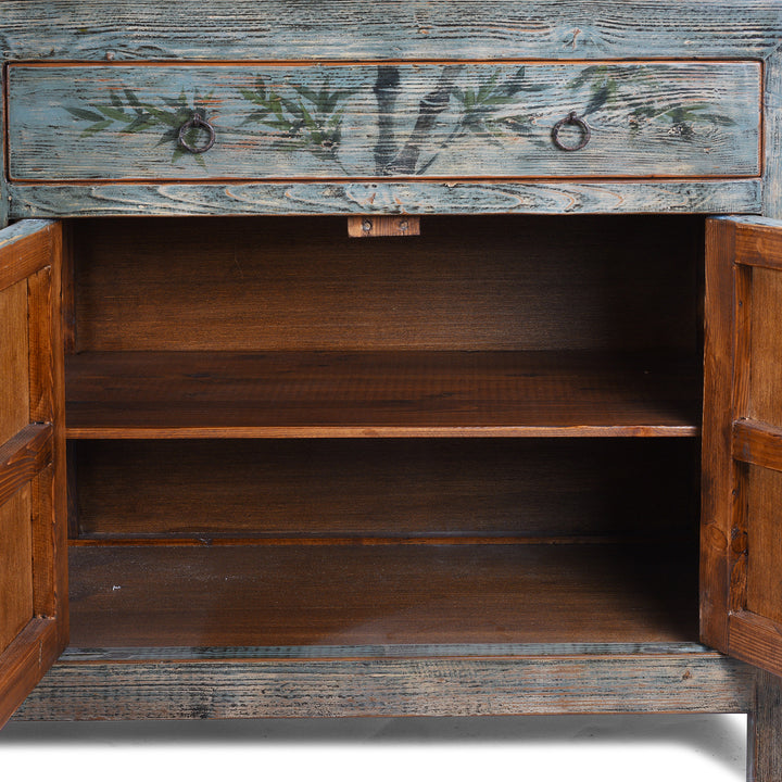 Interior Of Blue Painted Vintage Shanxi Sideboard With Hand Painted Floral Vase Panels
