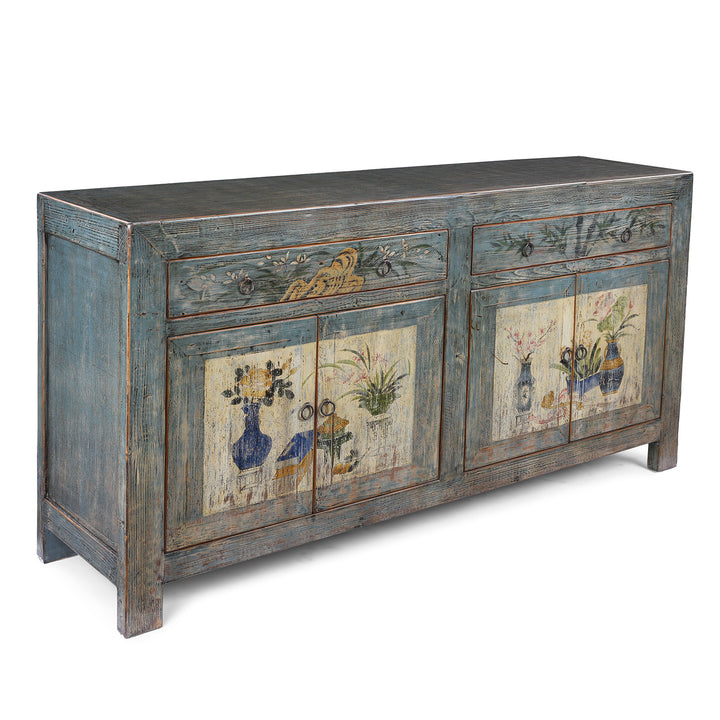 Angled View Of Blue Painted Vintage Shanxi Sideboard With Hand Painted Floral Vase Panels