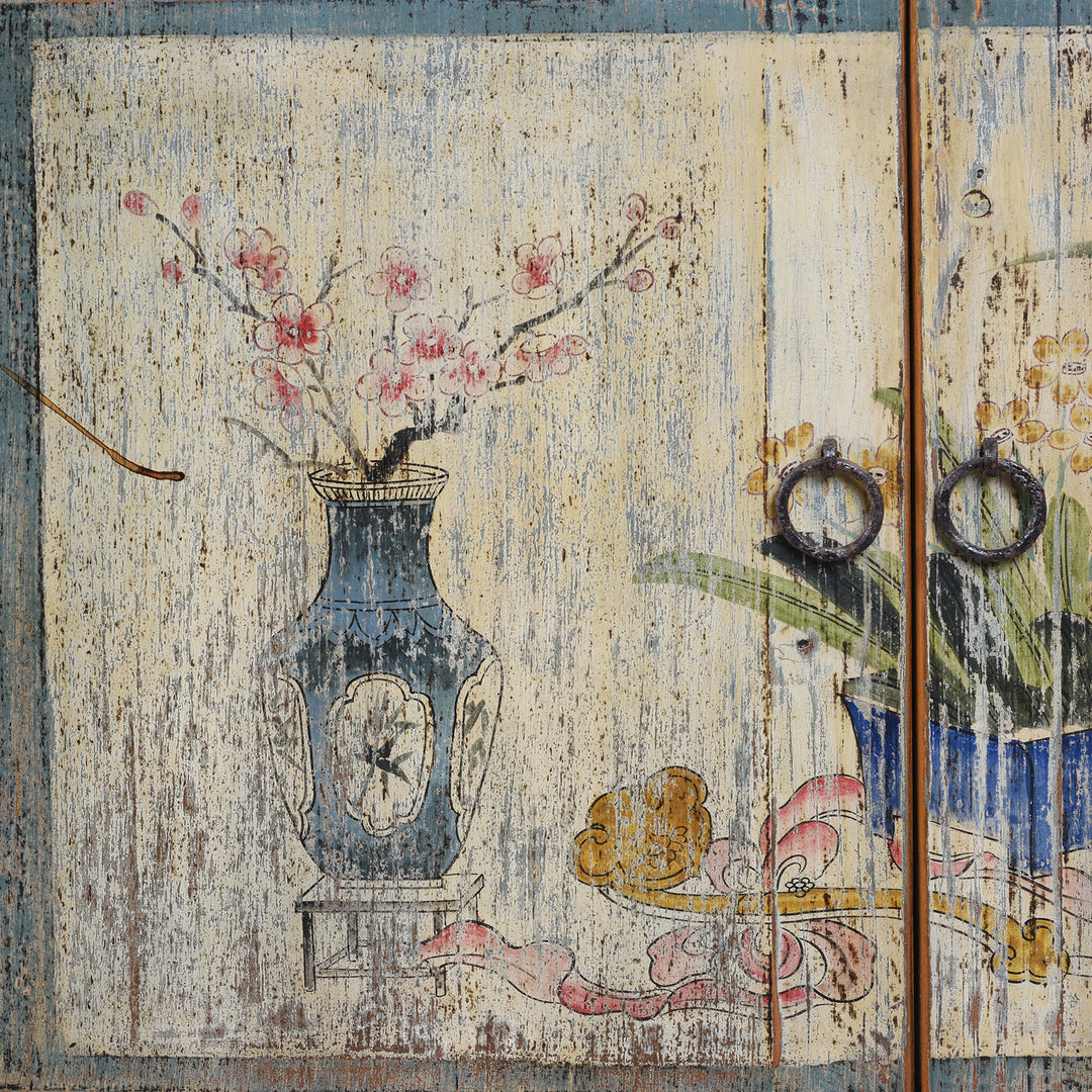 Artwork Detail From Blue Painted Vintage Shanxi Sideboard With Hand Painted Floral Vase Panels