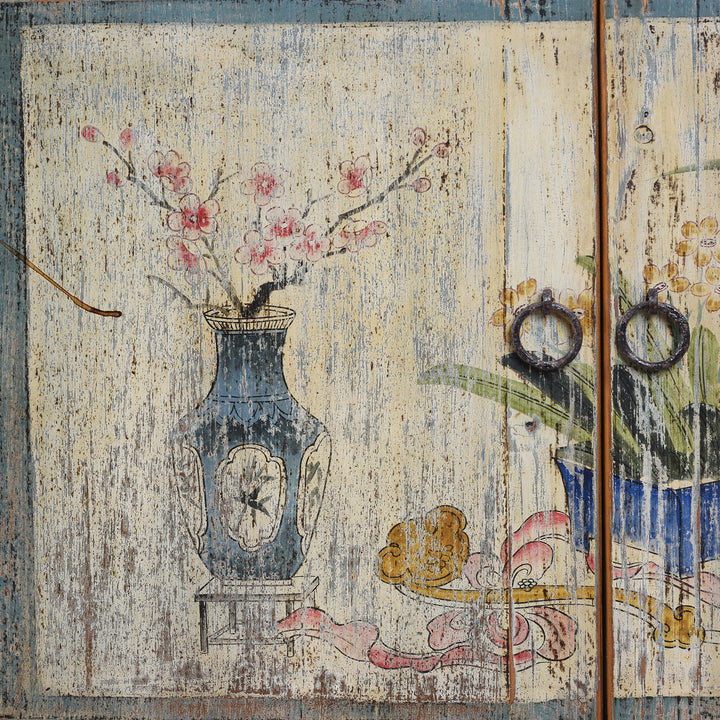 Artwork Detail From Blue Painted Vintage Shanxi Sideboard With Hand Painted Floral Vase Panels